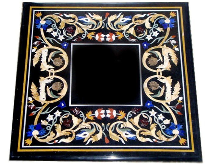 Black Marble Coffee Table Top: Handmade Inlay Border, Pietra Dura Art