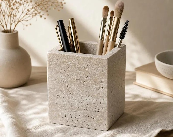 Travertine Desk Organizer, Minimalist Pen Holder