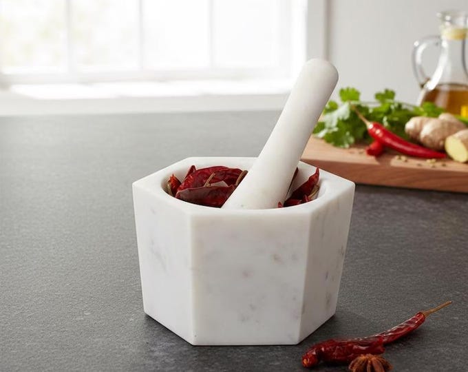 White Marble Mortar and Pestle Set, Hexagon Spice Grinder