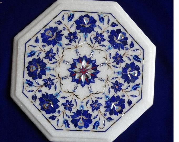 Handcrafted White Marble Tabletop – Royal Blue Floral Pietra Dura Art