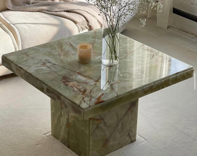 Handmade Green Onyx Marble Coffee Table – Polished Square Luxury Stone Furniture
