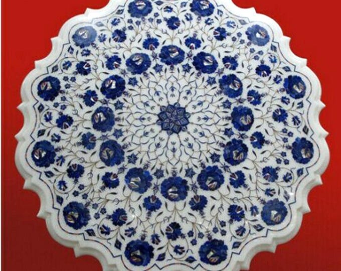Marble Inlay Lapis Lazuli Stone Table Top: Pietra Dura Floral Art