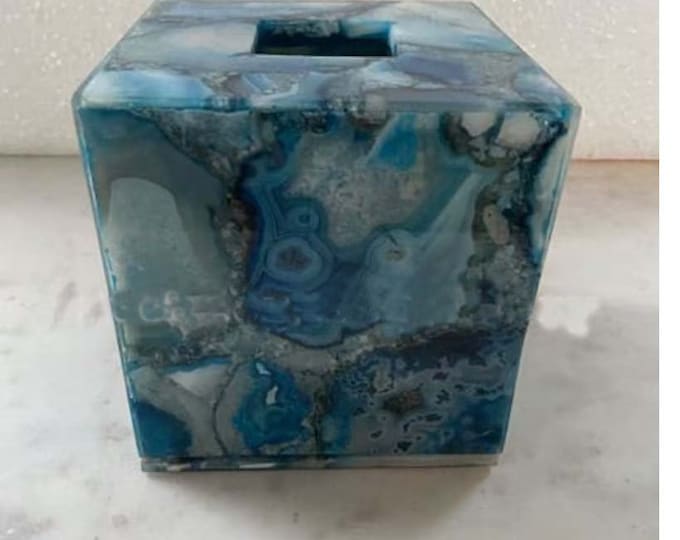 6" x 6" Blue Agate Tissue Box Natural stones Bathroom Accessories Handmade Home Decor