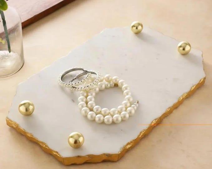 Marble Serving Tray with Brass Edge, Luxury Stone Platter