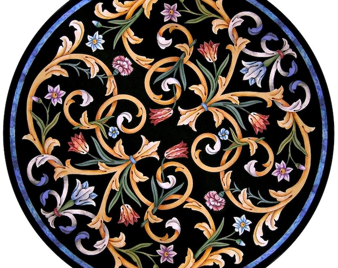 Round Black Marble Inlay Table Top – Handmade Pietra Dura Floral Scroll Design