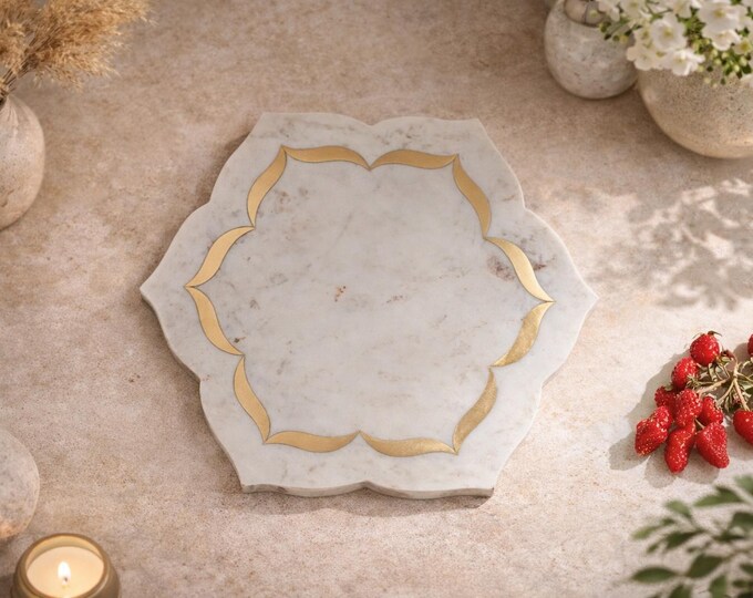 Handcrafted White Marble Inlay Trivet | Gold Inlay Scalloped Stone Plate | Luxury Table & Kitchen Decor
