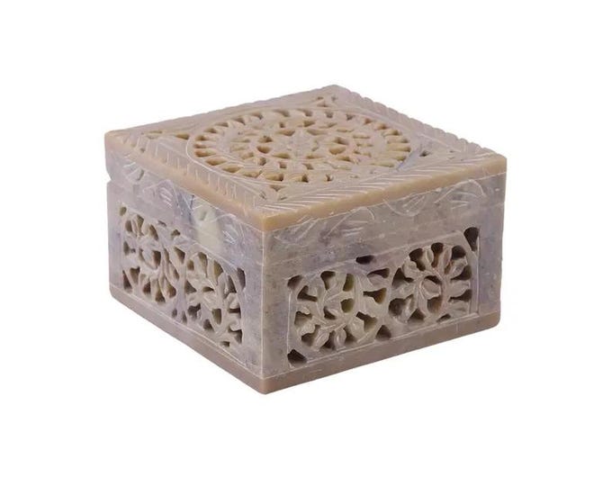 Hand Carved Stone Jewelry Box – Natural Soapstone Keepsake Box