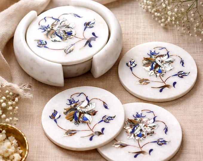 Handcrafted Marble Inlay Coaster Set | Floral Mother of Pearl Pietra Dura Coasters