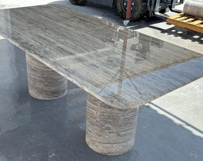 Silver Travertine Dining Table – Handcrafted Natural Stone Table with Cylindrical Pedestal Legs