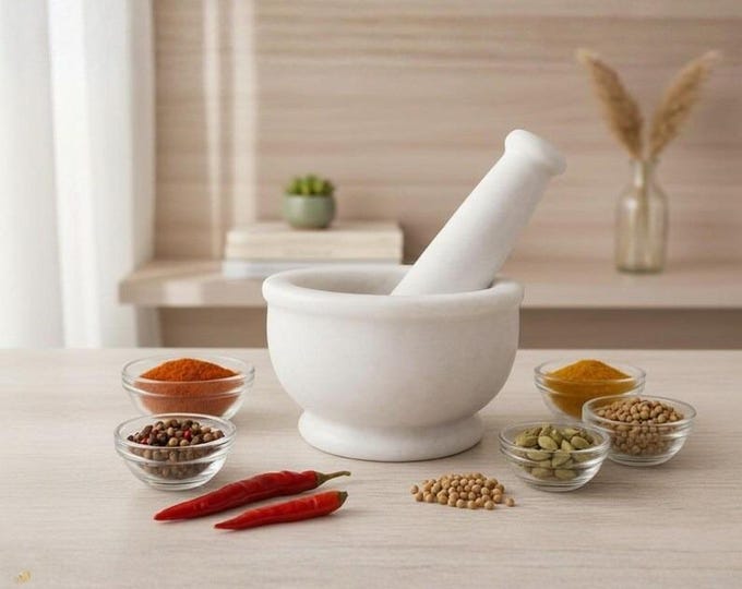 Minimalist White Marble Mortar and Pestle – Handcrafted Stone Grinder for Spices