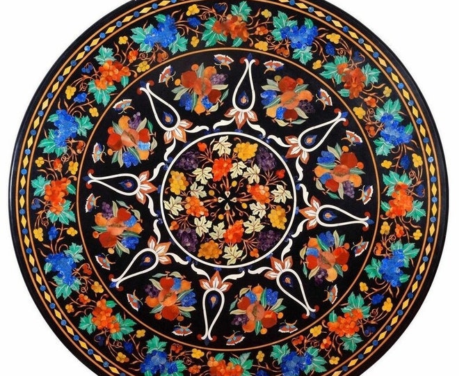 Marble Dining Table Top Semi Precious Stone Inlay Work Handmade Pietra Dura Home Furniture