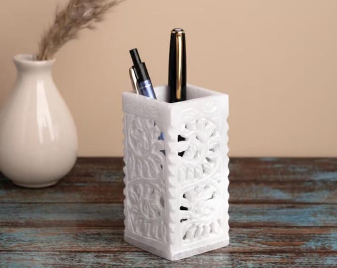 Hand Carved Marble Pen Stand – White Floral Desk Organizer