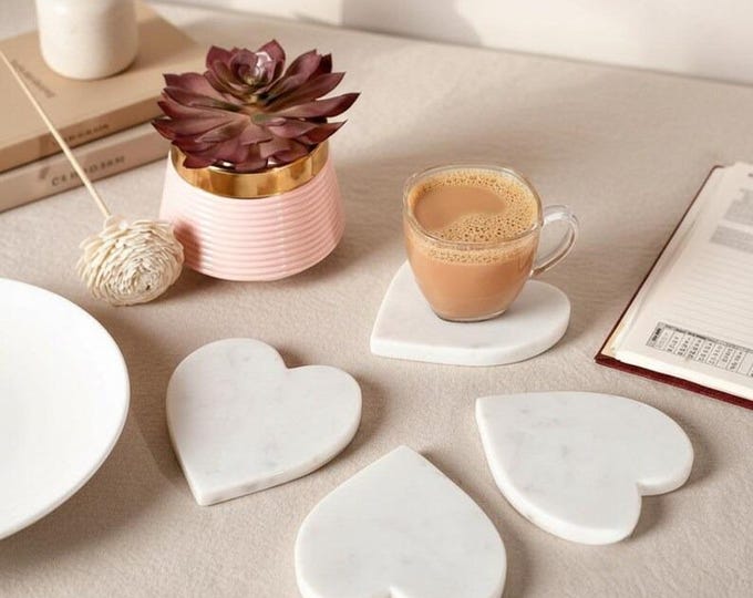 White Marble Heart Coasters Set, Romantic Table Decor
