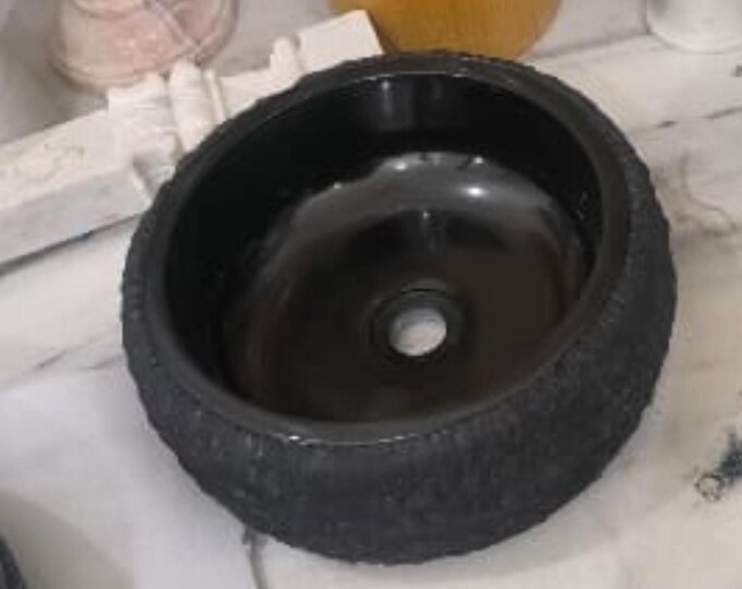 Handcrafted Black Stone Sink Bowl | Modern Round Vessel Sink with Center Drain