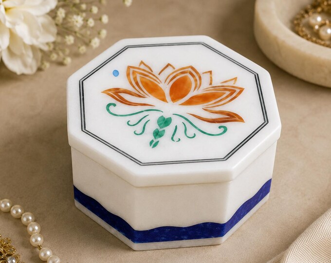 Octagonal Marble Inlay Box: Semi-Precious Stone Jewelry Storage Home Decor