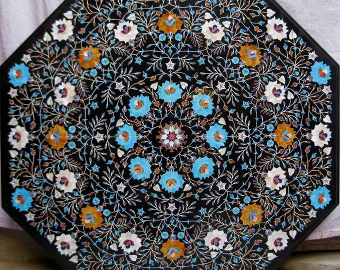 Octagonal Marble Inlay Table – Black Pietra Dura Floral Art