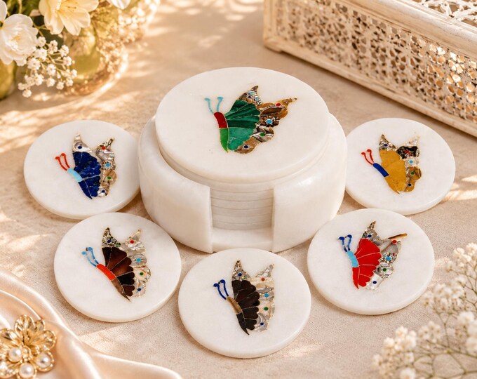 Butterfly Marble Inlay Coaster Set of 6 with Holder – Artisan Gift for Home