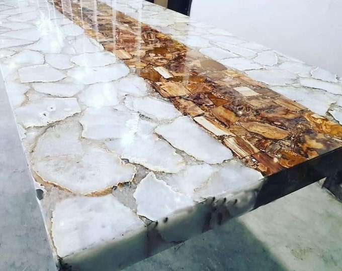 Natural white Agate stone with golden Petrified /Marble Coffee,Dinning Table Top, Handmade Art Interior Furniture Decor