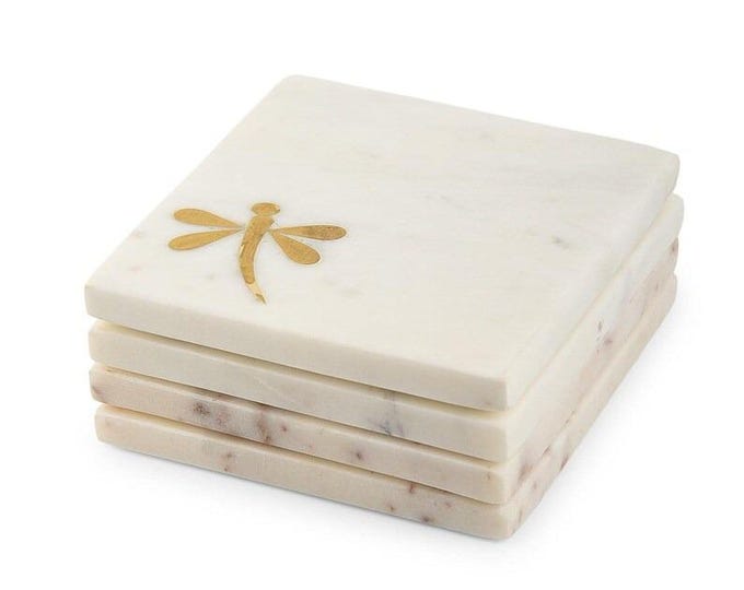 White Marble Inlay Tile with Golden Dragonfly Design