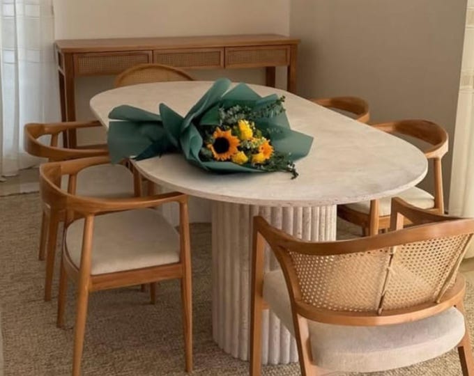 Handmade Oval Fluted Pedestal Marble Dining Table – Luxury Stone Furniture with Column Base