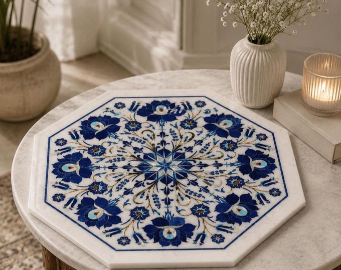 Blue Floral Marble Inlay Table Top, Semi-Precious Stone Inlay Decor