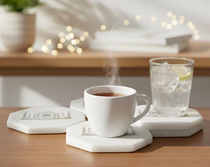 Minimalist Taj Mahal Coaster Set, White Hexagon Marble Style Coasters