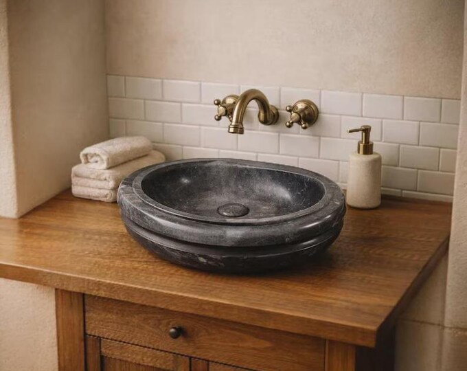 Black Marble Vessel Sink – Hand Carved Round Stone Basin