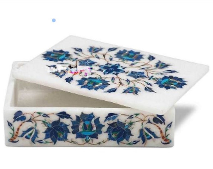 7" x 5" White Marble Jewelry Storage Box Semi precious stones Inlay Floral Art Home Decor