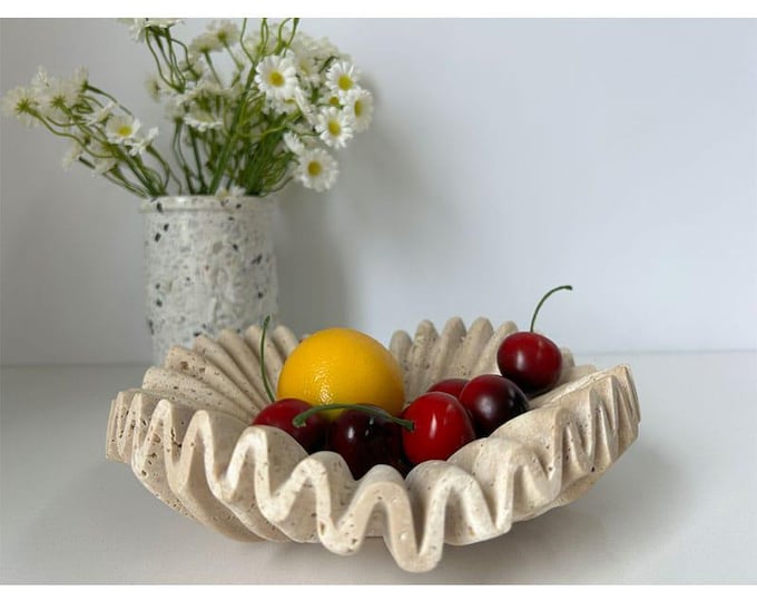 Wavy Travertine Bowl • Sculptural Stone Centerpiece • Decorative Ripple Bowl