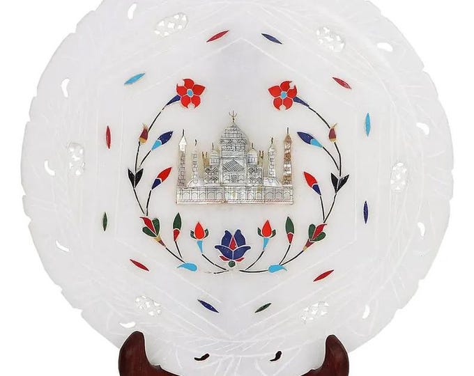 White Marble Taj Mahal Plate with Stone Inlay, Handcrafted Wall Plate
