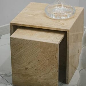 Handmade Travertine Side Table: Natural Stone Cube Coffee Table