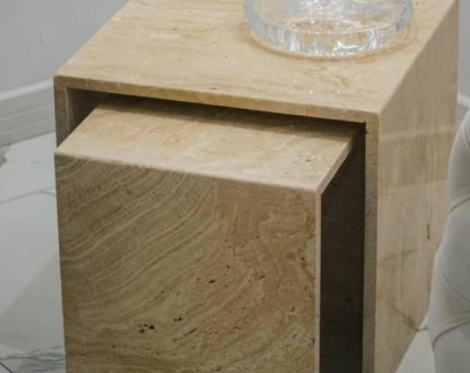 Handmade Travertine Side Table: Natural Stone Cube Coffee Table