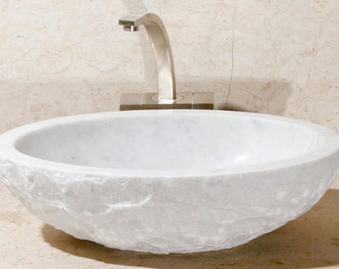 White Marble Chiseled Oval Washbasin Sink For Bathroom