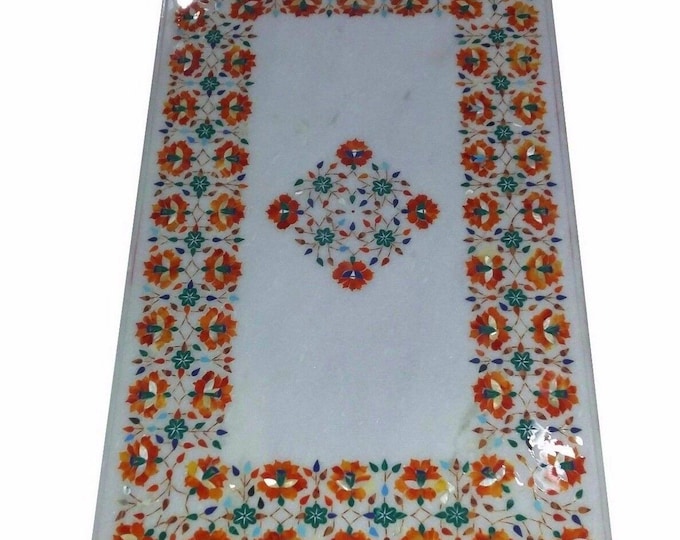 Rectangular White Marble Dining Table Top with Floral Stone Inlay