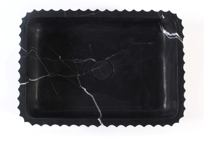 Black Nero Marquina Marble Fluted Sink: Honed Rectangular Stone Vanity