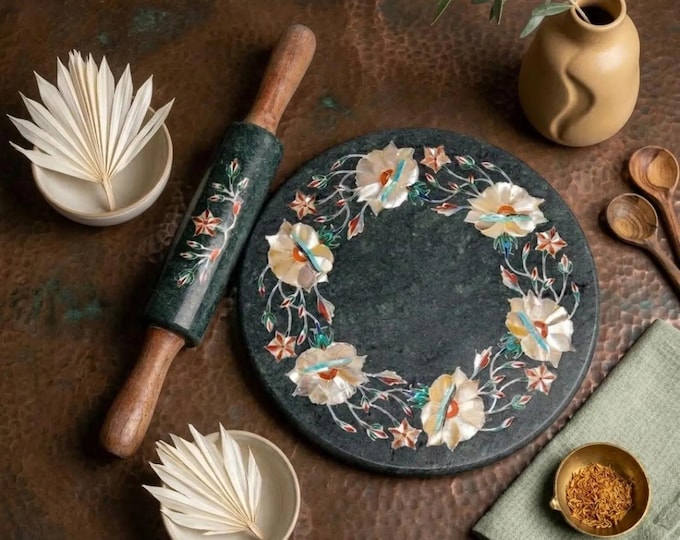 Marble Rolling Pin and Chakla Set with Floral Inlay