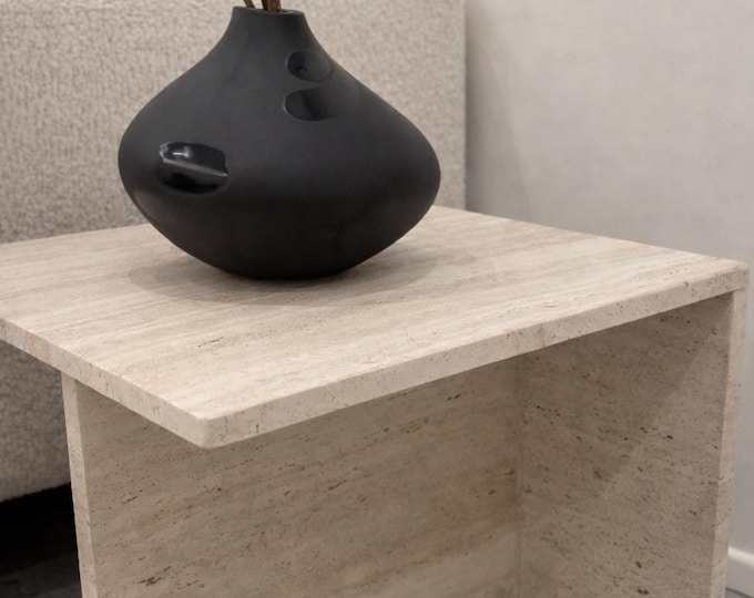 Handmade Travertine Side Table | Modern Stone Accent Table