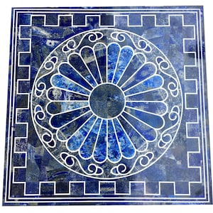 Lapis Lazuli Inlaid Marble Table Top: Handmade Pietra Dura Art (16 x 16 Inches)
