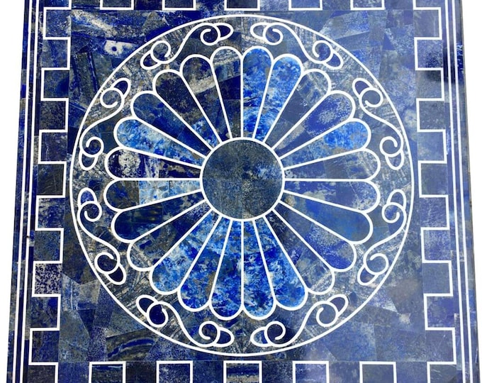 Lapis Lazuli Inlaid Marble Table Top: Handmade Pietra Dura Art (16 x 16 Inches)