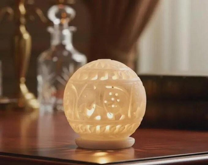 Hand-Carved Marble Candle Holder – Glowing Stone Sphere Tealight Lamp