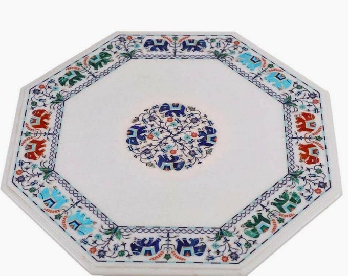 Handmade White Marble Octagonal Table Top with Colorful Elephant Inlay Design