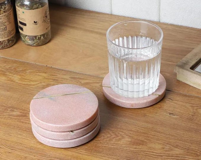 Pink Marble Coasters Set with Brass Inlay – Minimalist Round Drink Coasters