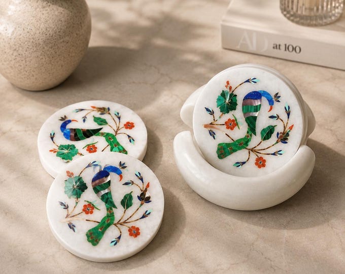 Marble Inlay Coaster Set with Bird Design, Floral Inlay Table Decor
