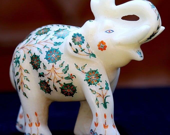 Handcrafted Marble Elephant Figurine with Floral Inlay Art