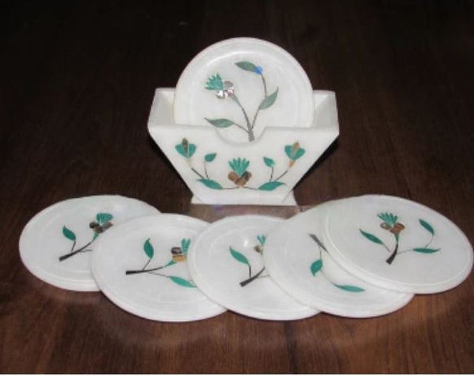 Marble Coaster Set Multi Color Floral Semi Precious Stone Pietra Dura Home Decor