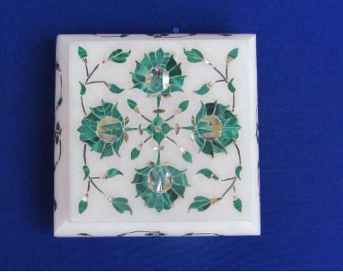 Marble Jewelry Box Inlay Art Malachite Semi Precious Stone Pietra Dura Handmade Home Decor