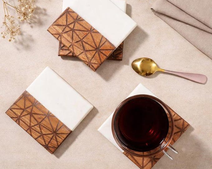 Marble & Wood Coasters Set | Geometric Wooden Coasters