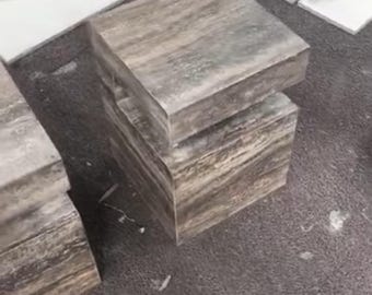 Handmade Silver Travertine Side Table: Modern Stone Pedestal Plinth