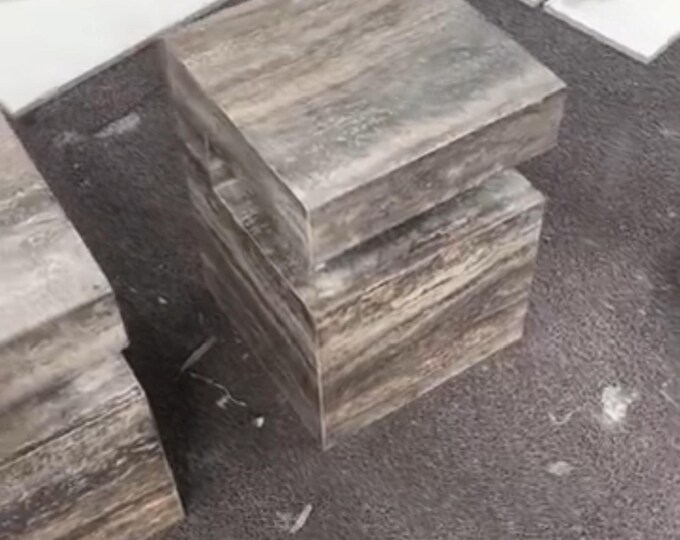Handmade Silver Travertine Side Table: Modern Stone Pedestal Plinth