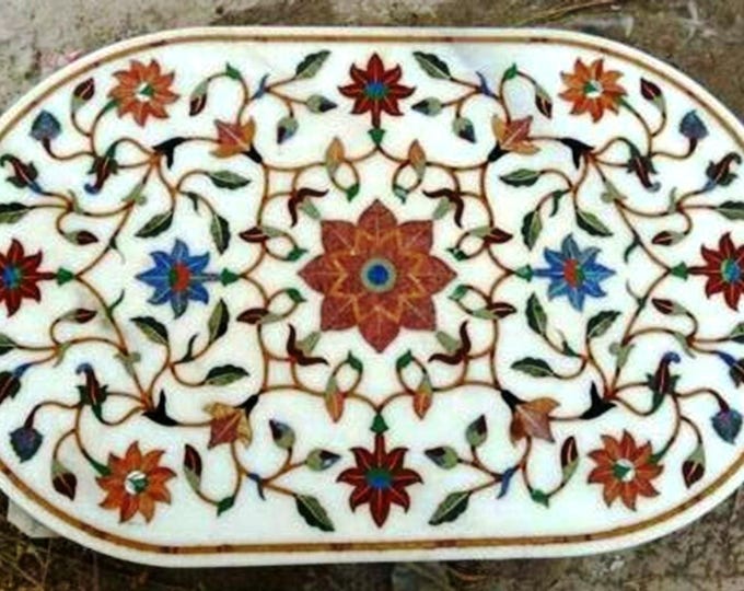 Oval Marble Table Top Handmade Stone Inlay Art (24 x 36 Inches)